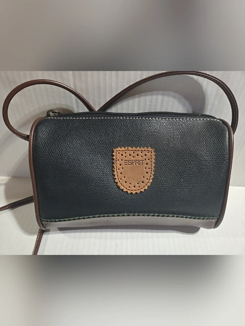Vintage ESPRIT Black Crossbody Shoulder Bag w/ Brown Accent Spellout Green Trim - Picture 1 of 12